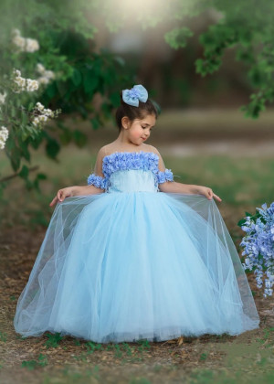 Short Sleeves Blue 3D Flowers Tulle Feather Sweet Flower Girl Dress